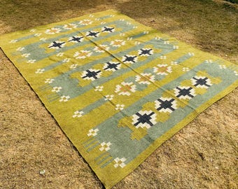Handwoven Wool Jute Kilim Rug - Green Tribal Geometric Flatweave Dhurrie, Traditional Rustic Bohemian Area Rug, Southwestern Rugs