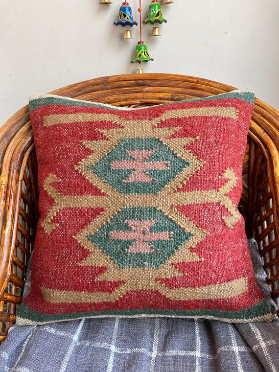 Vintage Kilim Pillow Cover, Turkish Wool Jute Cushion, Bohemian Rustic Decor, Handmade Throw Pillow, Turkish Kilim Sofa Accent Pillow