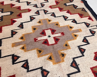 Southwestern Kilim Rug, Handwoven Tribal Geometric Area Rug, Boho Rustic Flatweave Dhurrie Rug, Ivory Wool Jute Living Room Rug