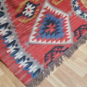 Wolle Jute Kelim Teppich, Handgewebter Roter peruanischer Flachgewebe Kelim Dhurrie Teppich, Geometrischer Teppich in Sondergrößen Bild 3