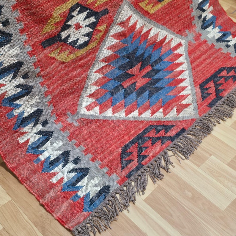 Wolle Jute Kelim Teppich, Handgewebter Roter peruanischer Flachgewebe Kelim Dhurrie Teppich, Geometrischer Teppich in Sondergrößen Bild 3
