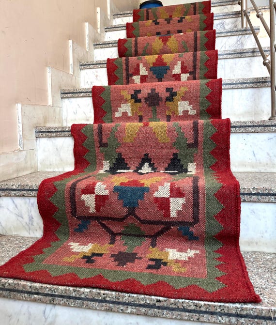 Kilim Stair Runner -  Vintage Kilim Rug Handmade Large Wool Jute Runner Bohemian Red Hallway Boho Outdoor Staircase Custom Size 2x35