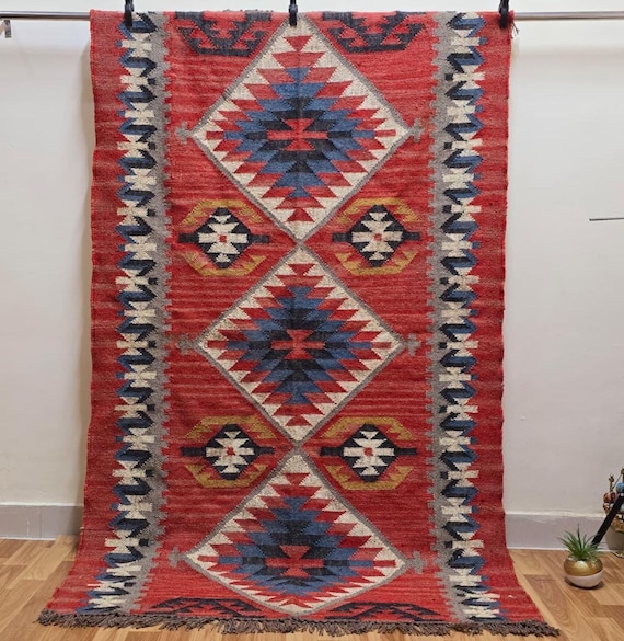 Handwoven Wool Jute Kilim Rug - Indian Kilim Rug, Flatweave Rug, Bohemian Moroccan Navajo Pattern, Custom Runner, Rustic Farmhouse Decor Rug