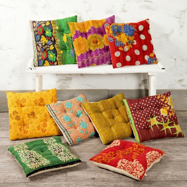 Handmade mixed assorated chairpad with tie kantha quilted Soft floral chair seat pad dining bed room garden kitchen mat cushion Seat Pad,