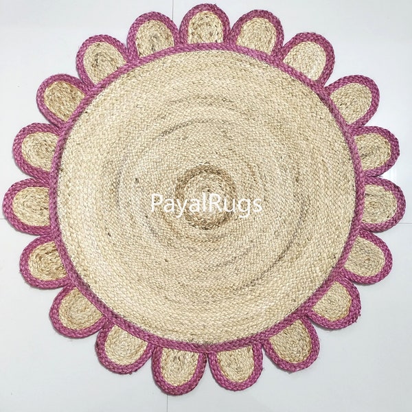 Custom Size/Color Handmade Round Jute Scalloped Rug, Natural Jute Braided Vintage Area Rug Indian Bohemian Rag Rug Eco Friendly Home Decor