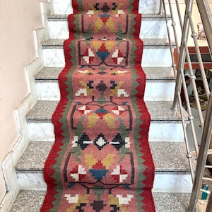 Handwoven Kilim Runner Rug - Vintage Stair Runner Rug Handmade Jute Runner Wool Stair Runner Hallway Entryway Runner Outdoor Runner Rug image 8