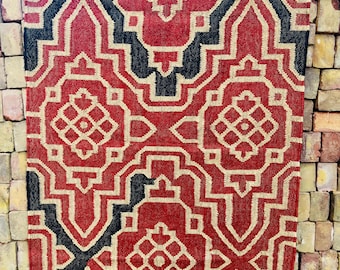 Indian Kilim Rug – Red Wool Jute Flatweave Kilim Dhurrie Traditional Rug, Navajo Geometric Pattern Jute Rug for Living Room / Bedroom Rug