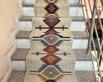 Kilim Runner Rug, Vintage Stair Runner Rug Handmade Jute Runner Wool Stair Runner Hallway Entrway Runner Handwoven Outdoor Runner