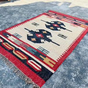 Handwoven Wool Jute Kilim Rug: Aztec Boho Home Decor