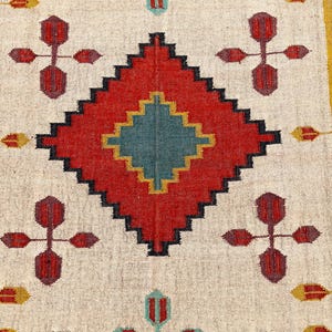 Red Beige Southwestern Navajo Kilim Rug, Handwoven Persian Rug, Kilim Dhurrie Rug, Flatweave Rug, Floral Area Rug, Wall Art Hanging Yellow