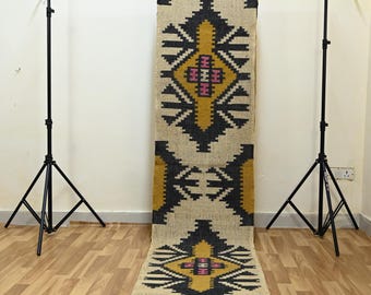 Kilim Stair Runner - Handmade Jute & Kitchen Decor, Custom Size 3x20 Feet, Geometric for Outdoor Indoor
