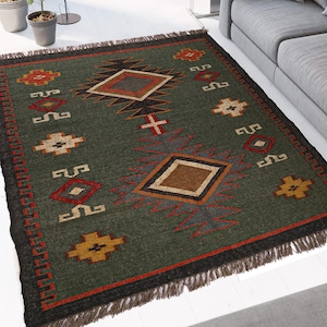 Tappeto Kilim in lana tessuto a mano, a tessitura piatta, verde chiaro, con motivo a griglia, stile moderno boho scandinavo, lussuoso tappeto in lana, tappeto Kilim in juta