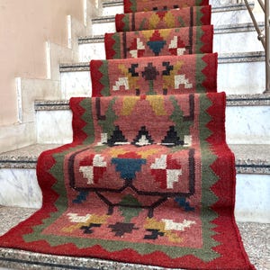 Stair Runner -  Vintage Kilim Rug Handmade Large Wool Jute Runner Bohemian Hallway Boho Outdoor Staircase Custom Size 2x30 Feet, Washable