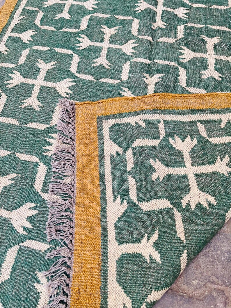 Wool Jute Kilim Rug Bohemian Kilim Area Rug, Navajo Flatweave Design, Indian Dhurrie Rug, Eco-Friendly Home Decor image 2