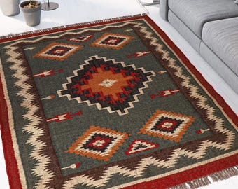Handwoven Wool Jute Kilim Rug - Green Rust Terracotta Southwestern Bohemian Dhurrie Home Decor Area Rug Navajo Flatweave Design, Indian Rugs