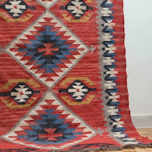 Wolle Jute Kelim Teppich, Handgewebter Roter peruanischer Flachgewebe Kelim Dhurrie Teppich, Geometrischer Teppich in Sondergrößen Bild 7