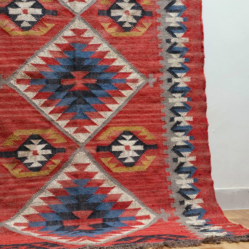 Wolle Jute Kelim Teppich, Handgewebter Roter peruanischer Flachgewebe Kelim Dhurrie Teppich, Geometrischer Teppich in Sondergrößen Bild 7