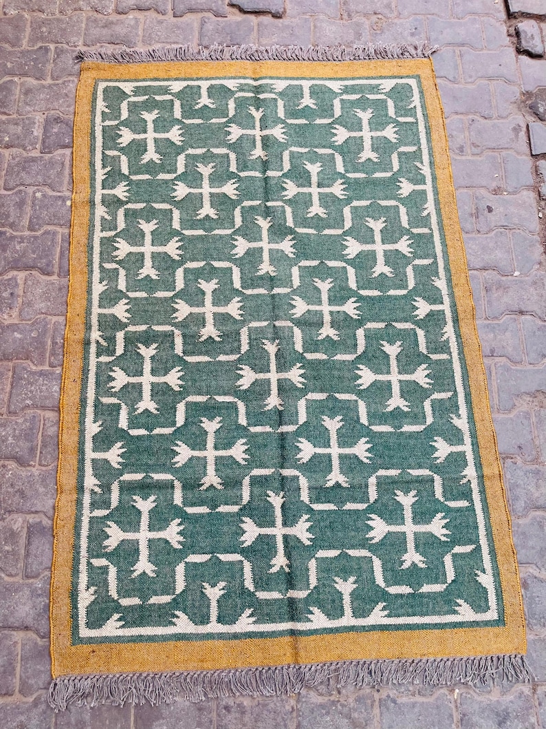 Wool Jute Kilim Rug Bohemian Kilim Area Rug, Navajo Flatweave Design, Indian Dhurrie Rug, Eco-Friendly Home Decor image 10