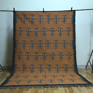 Handwoven Burnt Orange Wool Jute Kilim Rug, Rustic Bohemian Geometric Dhurrie, Custom Size Rug