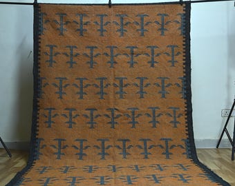 Burnt Orange Wool Jute Kilim Rug, Handwoven Tribal Flatweave Dhurrie, Rustic Bohemian Geometric Area Rug, Custom Size Rug