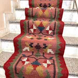 Handwoven Kilim Runner Rug - Vintage Stair Runner Rug Handmade Jute Runner Wool Stair Runner Hallway Entryway Runner Outdoor Runner Rug image 9