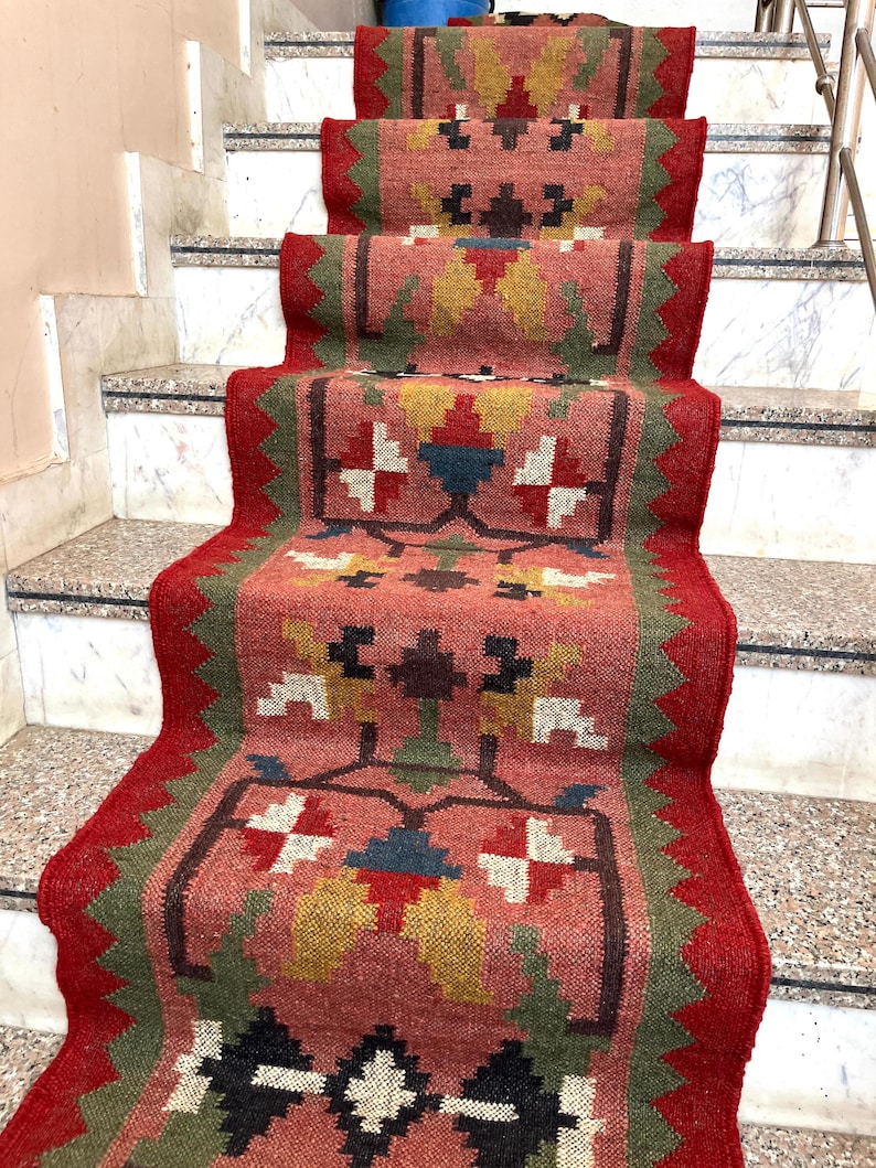 Handwoven Kilim Runner Rug - Vintage Stair Runner Rug Handmade Jute Runner Wool Stair Runner Hallway Entryway Runner Outdoor Runner Rug image 9