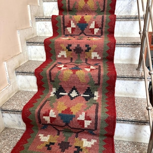 Handwoven Kilim Runner Rug - Vintage Stair Runner Rug Handmade Jute Runner Wool Stair Runner Hallway Entryway Runner Outdoor Runner Rug image 4