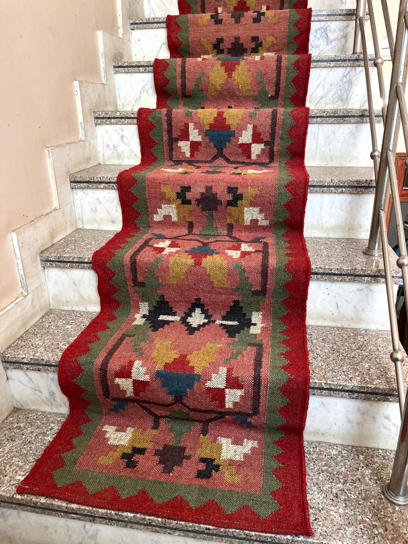Handwoven Kilim Runner Rug - Vintage Stair Runner Rug Handmade Jute Runner Wool Stair Runner Hallway Entryway Runner Outdoor Runner Rug image 4