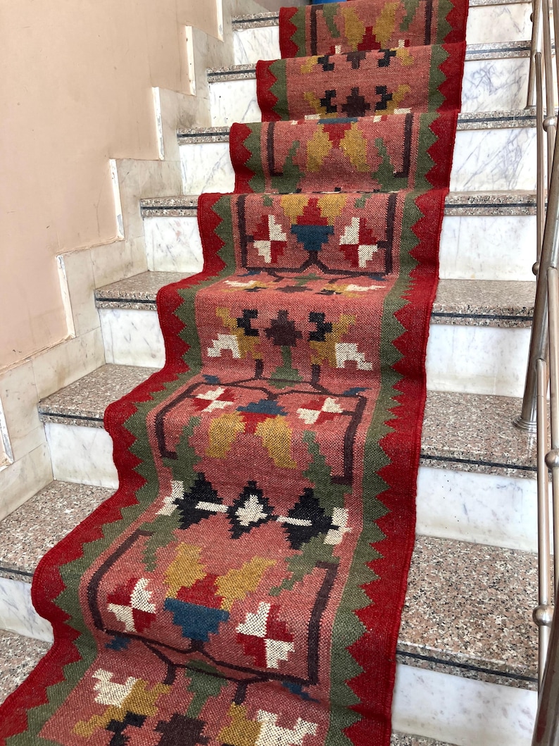 Handwoven Kilim Runner Rug - Vintage Stair Runner Rug Handmade Jute Runner Wool Stair Runner Hallway Entryway Runner Outdoor Runner Rug image 5