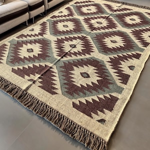 Wool Jute Rugs | Handwoven Flatweave Dhurrie | Handmade Traditional Indian Custom Area Rugs for Modern & Handwoven Navajo Flatweave Area Rug