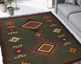 Tapete Kilim de Lã e Juta - Tapete Plano Tradicional Vintage Estilo Turco Navajo, Dhurrie do Sudoeste, Tamanho Personalizado, Tapetes Reversíveis de Lã