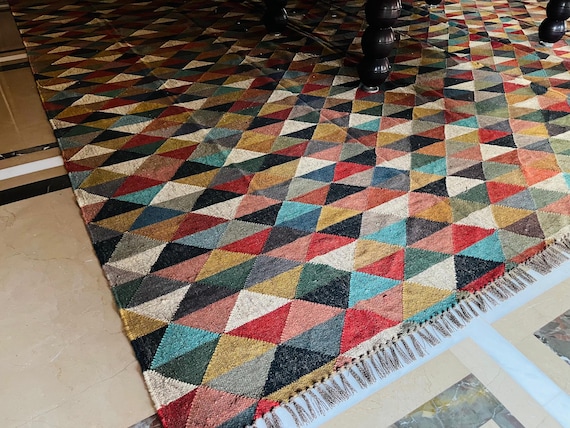 Handwoven Geometric Kilim Rug Multicolour Wool Jute Large Area Rug Modern Boho Rug Scandinavian Flatweave Custom Size Rug