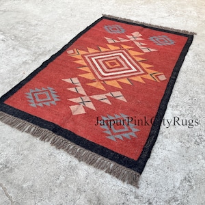 Wool Jute Kilim Rug -  Navajo Kilim Rug, Aztec Rug, Outdoor /Indoor Rug, Living/Dinning Room 5x8Ft. Wool Jute Kilim Rug, Indian Dhurrie