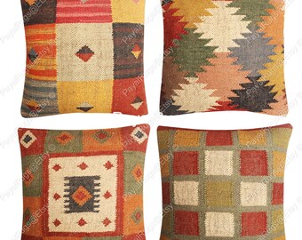 Jute Kilim Pillow Case ,Handmade Cushion Cover , Wool Jute Cushion Cover , Boho Cushion Cover , Vintage Cushion Cover 4 pcs set pillow case