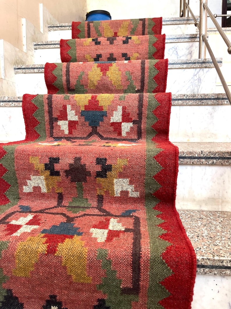 Handwoven Kilim Runner Rug - Vintage Stair Runner Rug Handmade Jute Runner Wool Stair Runner Hallway Entryway Runner Outdoor Runner Rug image 2