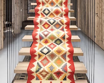 Jute Handmade Multicolour Kilim Stair Runner – Vintage Turkish Rug for Hallway & Entryway, Boho Stair Runner, Woven Carpet Runner Rug