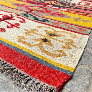 Handwoven Rug - Wool Jute Rug | Handwoven 8x10 Boho Decor | Vintage Geometric Navajo Kilim Floor Rug | Eco-Friendly Home Decor