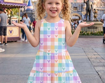 Mickey Checkeredboard-jurk met pastel kruis op de rug, Disney Twirl-jurk op de rug, Girls Trip Disney World Boutique zomeroutfit