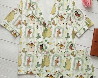 Coquette Bow Tiana Princess satijnen pyjama korte set, prinses pyjama met korte mouwen, Tiana Princess and the Frog pyjama