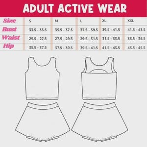 May include: Diagram of active wear set, including a tank top and skirt with built-in shorts. The image includes a size chart with bust, waist, and hip measurements in inches for sizes S to XXL. The text "ADULT ACTIVE WEAR" is at the top.