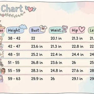 May include: A size chart for children's clothing, labeled "US Regular." It includes measurements for height, bust, waist, hip, and length in inches, with sizes ranging from 3-4T to 12-13Y. The chart is decorated with whimsical illustrations.