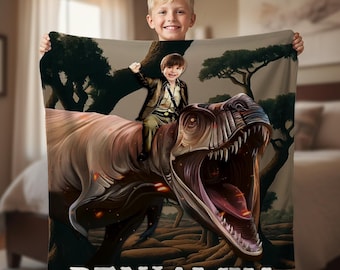 Manta de dinosaurio con nombre personalizado, regalo de aventura T-Rex personalizado para niños