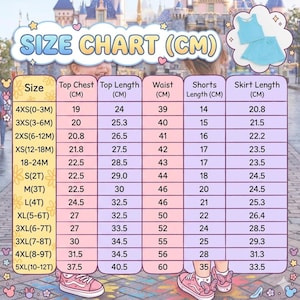 May include: A size chart in centimeters for children's clothing, with measurements for top chest, top length, waist, shorts length, and skirt length. Sizes range from 4XS (0-3M) to 5XL (10-12T). The chart is set against a blurred background.
