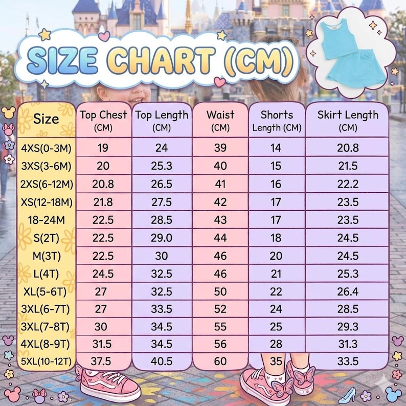 May include: A size chart in centimeters for children's clothing, with measurements for top chest, top length, waist, shorts length, and skirt length. Sizes range from 4XS (0-3M) to 5XL (10-12T). The chart is set against a blurred background.