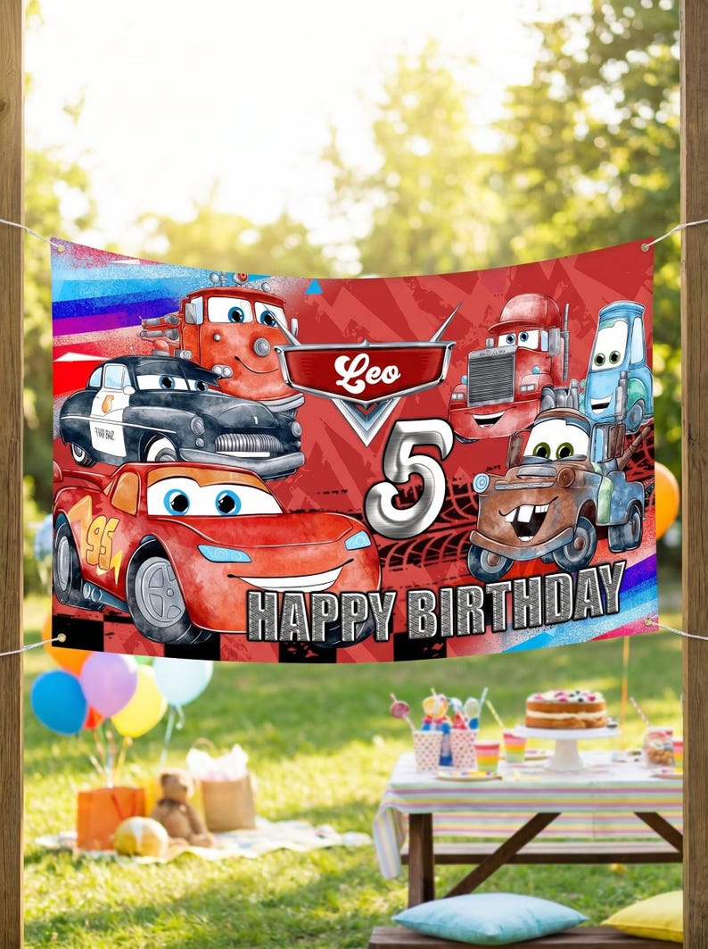 May include: A red banner featuring cartoon cars with the text "Leo" and "5 HAPPY BIRTHDAY". The banner is displayed outdoors with a party scene in the background, including balloons and a table with treats.