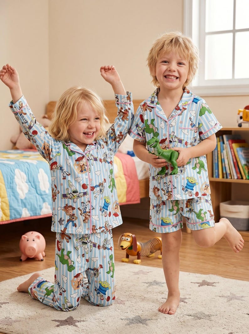 Puede incluir: Dos ni&ntilde;os con pijamas azul claro con estampado de Toy Story. Los pijamas tienen un patr&oacute;n de rayas y presentan personajes de la pel&iacute;cula. Un ni&ntilde;o est&aacute; arrodillado, mientras que el otro sostiene un juguete de dinosaurio verde. Una hucha rosa y un perro de juguete est&aacute;n en el fondo.