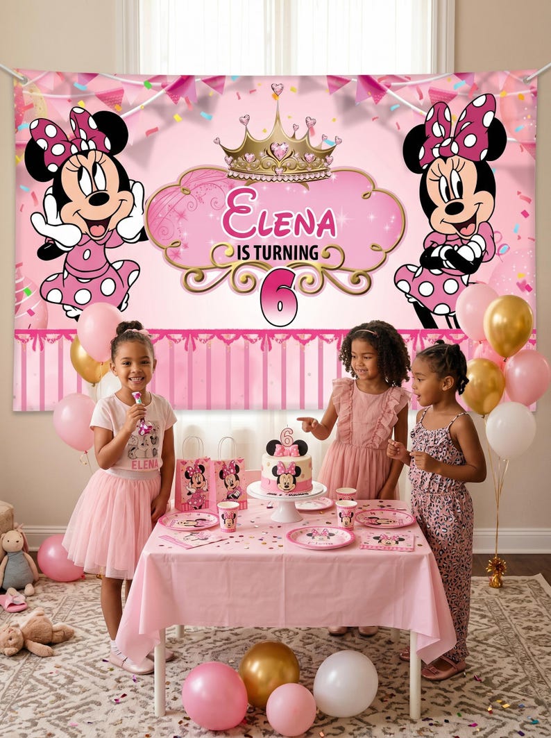 May include: A pink Minnie Mouse-themed birthday party scene. A banner with Minnie Mouse and the text "Elena is turning 6" is displayed. A table is set with a cake, plates, and cups. Three young girls are present, celebrating the birthday.