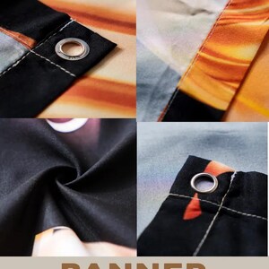 May include: Close-up shots of a banner with grommets and stitched edges. The banner features a colorful design with orange, black, and white hues. The word "BANNER" is displayed in a brown font at the bottom.