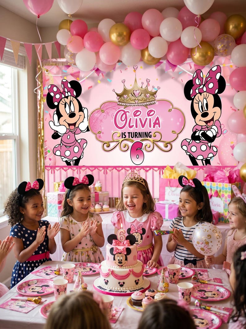 May include: A birthday party scene with a Minnie Mouse theme. The backdrop features Minnie Mouse illustrations and the name "Olivia" with the number "6". Children are gathered around a cake, and the table is set with themed plates and cups.