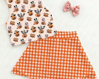 Halloween-outfit geruite Mickey, Disney-sportkledingset, Disney Halloween-jurk, Halloween-set, pompoenoutfit